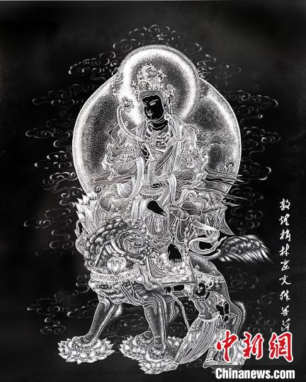 圖為朱增平創(chuàng)作的鍥金畫《敦煌榆林窟文殊菩薩》。(資料圖) 受訪者供圖