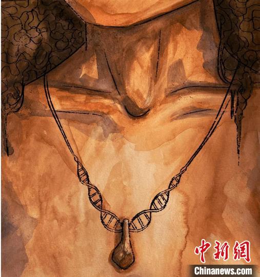 墜飾藝術(shù)再現(xiàn)圖，圖中吊墜繩為DNA螺旋樣式(圖片作者M(jìn)yrthe Lucas)?！∈┢樟指瘛ぷ匀?供圖
