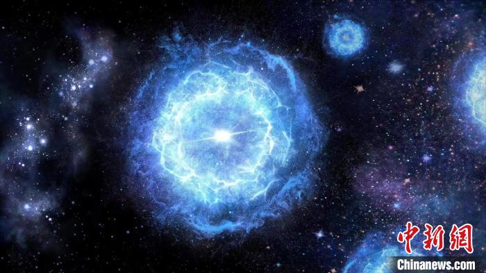 第一代超大質(zhì)量恒星演化成為“對(duì)不穩(wěn)定超新星”的藝術(shù)展示圖?！≈锌圃簢?guó)家天文臺(tái) 供圖