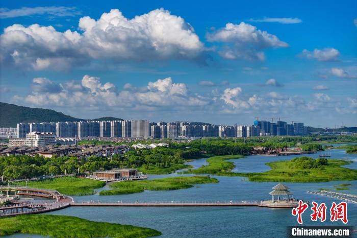 資料圖：航拍蘇州太湖湖濱國家濕地公園，藍天碧水生態(tài)美。 泱波 攝