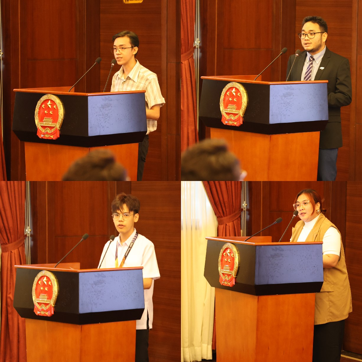 菲律賓大學(xué)、菲律賓師范大學(xué)的4位學(xué)生和校友代表現(xiàn)場(chǎng)發(fā)言向中方表示感謝并分享體會(huì)。駐菲律賓使館 供圖