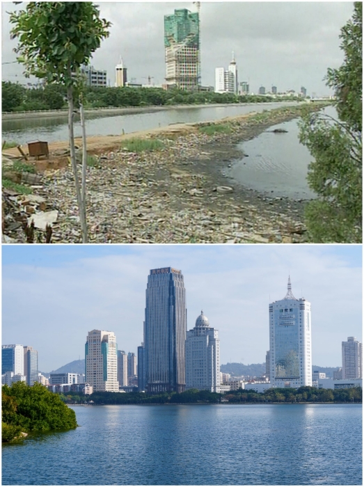 上圖：筼筜湖治理前資料圖。下圖：筼筜湖如今的美麗風(fēng)光。人民網(wǎng)記者 吳超嵐攝