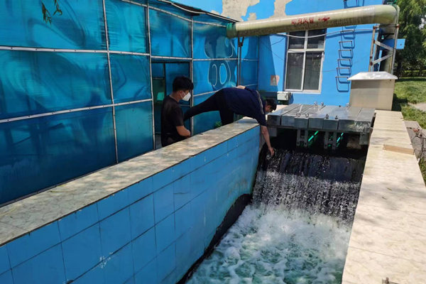 邯鄲市雞澤縣藍天污水處理廠員工正在出水口進行水質(zhì)檢測。鄭佳欣攝