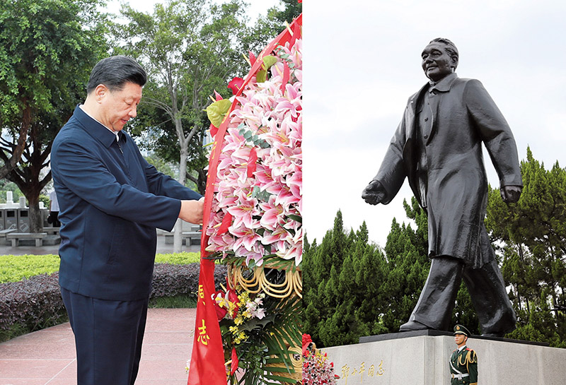 2020年10月14日，習(xí)近平總書記向深圳蓮花山公園鄧小平同志銅像敬獻(xiàn)花籃。