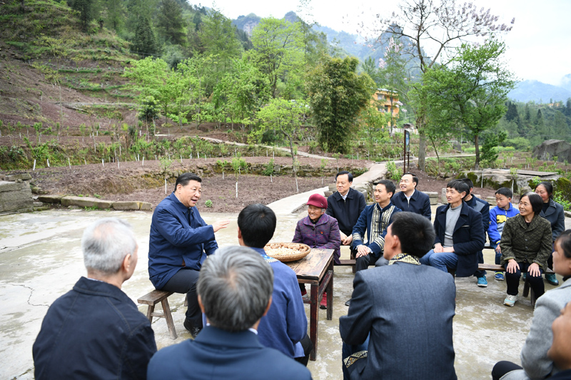 2019年4月15日至17日，中共中央總書記、國家主席、中央軍委主席習(xí)近平在重慶考察，并主持召開解決“兩不愁三保障”突出問題座談會。這是4月15日下午，習(xí)近平在石柱土家族自治縣中益鄉(xiāng)華溪村同村民代表、基層干部、扶貧干部、鄉(xiāng)村醫(yī)生等圍坐在一起，共話脫貧攻堅。新華社記者 謝環(huán)馳 攝