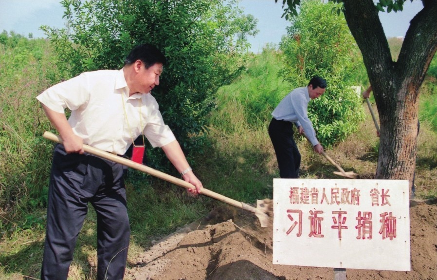 2001年10月，習(xí)近平在龍巖市長(zhǎng)汀縣調(diào)研水土流失治理工作，在河田世紀(jì)生態(tài)園為樹培土。圖源：《習(xí)近平在福建（下）》