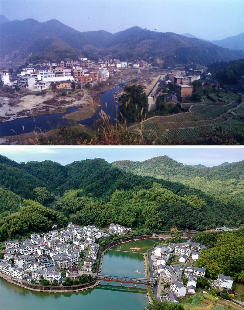 圖為浙江省杭州市淳安縣楓樹嶺鎮(zhèn)下姜村拼版圖，其中上圖為資料照片、下圖由新華社記者張鋮攝。