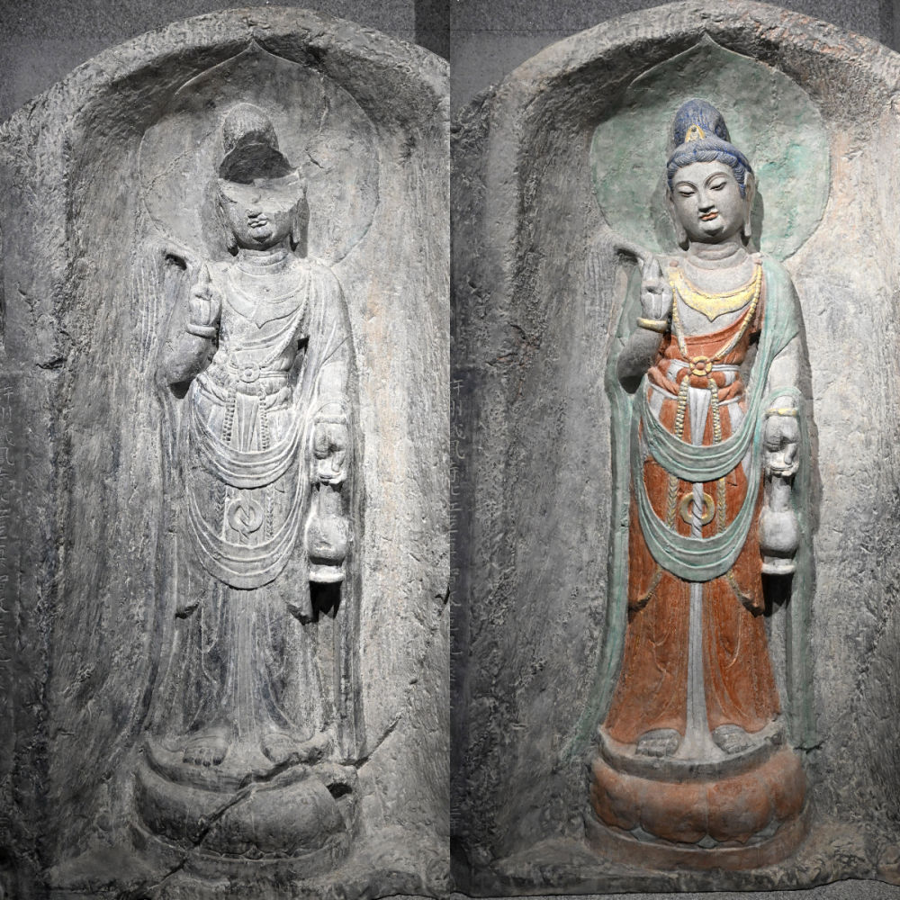 左圖為龍門石窟萬佛洞窟前南壁菩薩造像的3D打印模型；右圖為利用數(shù)字化技術(shù)復(fù)原后的3D打印模型（2025年4月10日攝，拼版照片）。復(fù)原后的像龕精妙絕倫，栩栩如生，被游客譽(yù)為“龍門最美菩薩”。圖片來源新華社