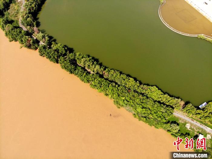 圖為2020年9月3日航拍黃河蘭州段濕地公園現(xiàn)黃河“鴛鴦鍋”。(資料圖) 高瑩 攝