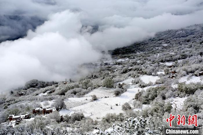 雪后的丹巴半山云霧繚繞?！±钣腊?攝