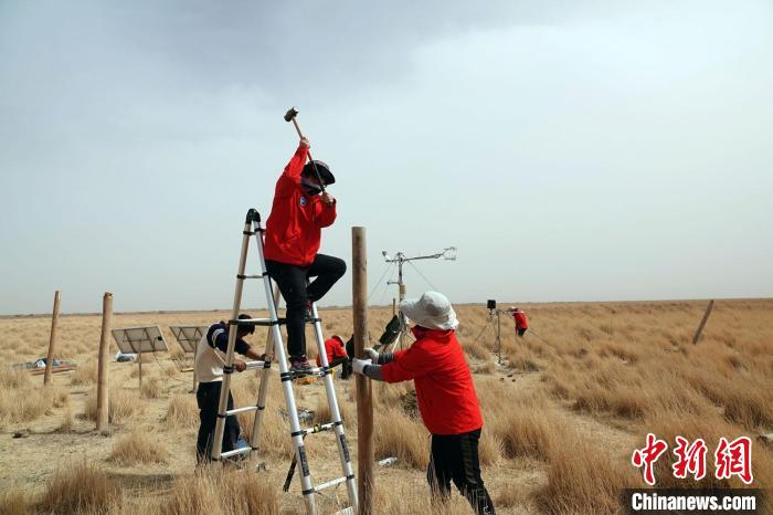 格爾木濕地站建設(shè)過程中，第二次青藏科考中科院空天院分隊(duì)隊(duì)員揮錘安裝防護(hù)欄?！?lt;a target='_blank' href='/'><p  align=