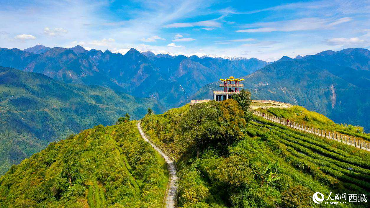 無(wú)人機(jī)航拍墨脫縣格林村蓮花觀景臺(tái)。人民網(wǎng)記者 次仁羅布攝
